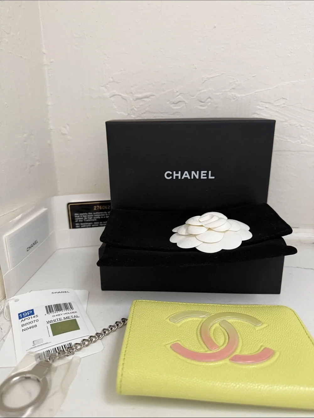 CHANEL Lemon Yellow CC Logo Key Card Holder with Chain